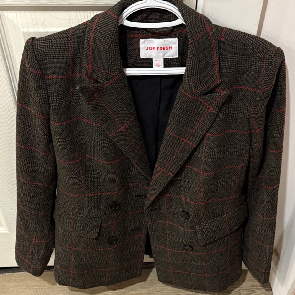 Joe Fresh Dark Brown Plaid Double-Breasted Blazer with Red Windowpane